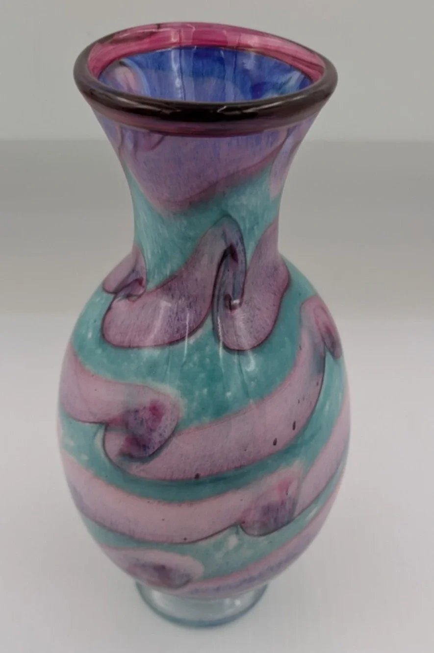 Pairpoint Glass Hand Blown Swirl Vase Green Purple Pink 9-3/4